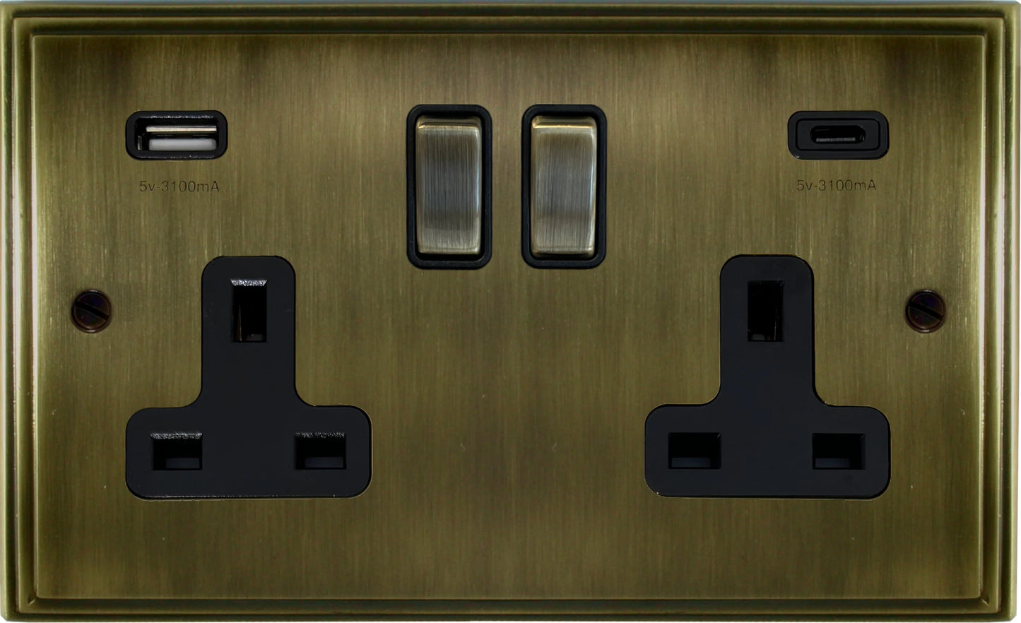 Victorian Antique Brass 2 Gang Socket with USBC (Brass Switches)