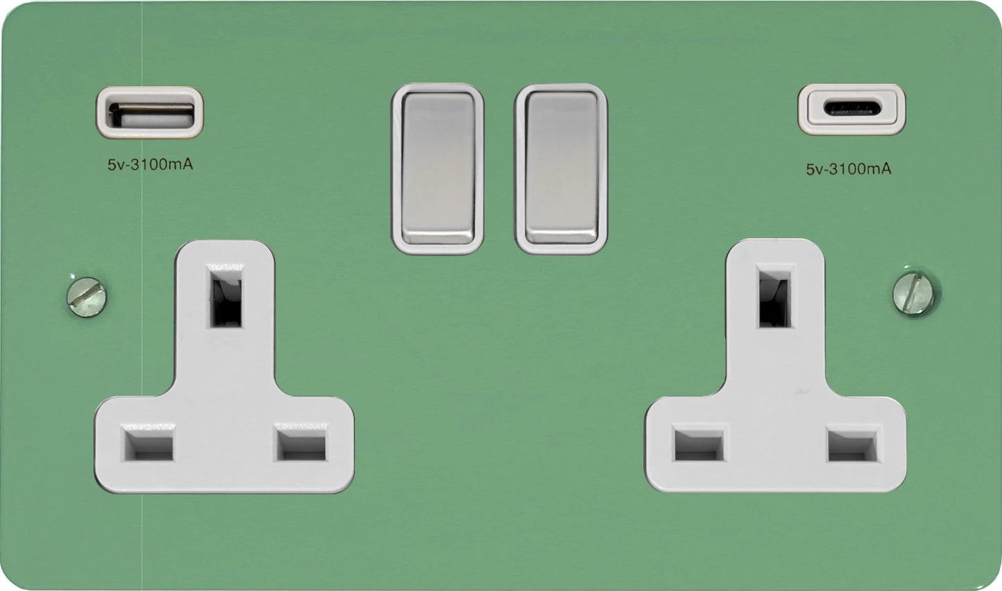 Flat Sage Green 2 Gang Socket with USBC (Satin Chrome Switches/White Inserts)
