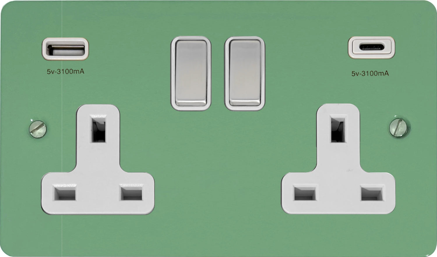 Flat Sage Green 2 Gang Socket with USBC (Satin Chrome Switches/White Inserts) - Flat range electrical USB-C socket