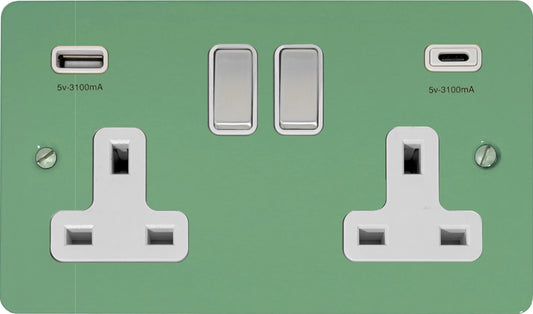 Flat Sage Green 2 Gang Socket with USBC (Satin Chrome Switches/White Inserts)