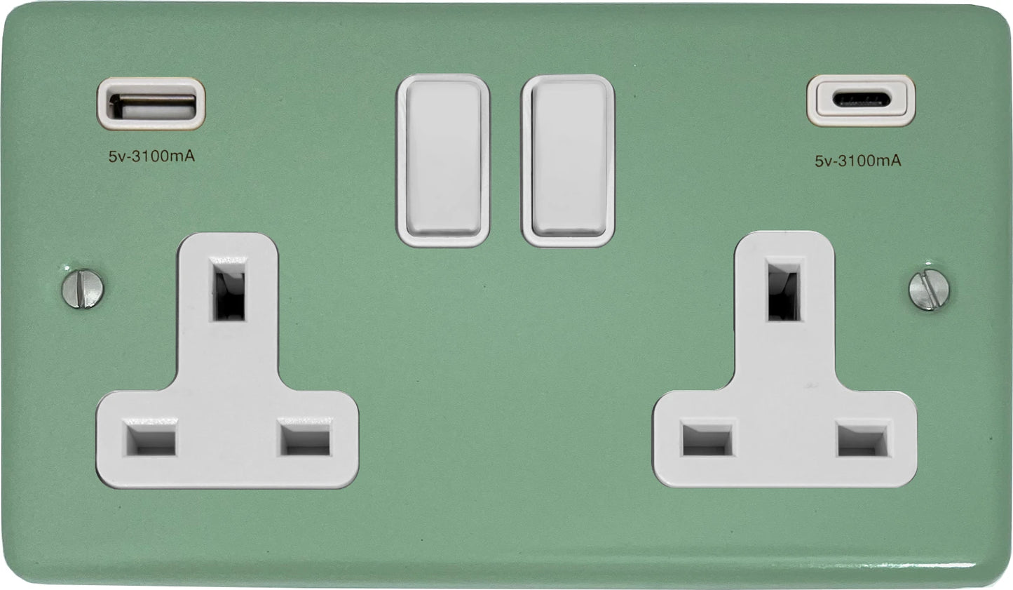 Classic Sage Green 2 Gang Socket with USBC (White Switches)