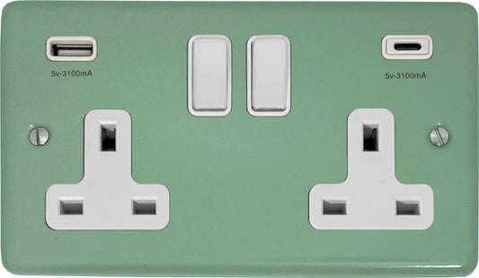 Classic Sage Green 2 Gang Socket with USBC (White Switches)
