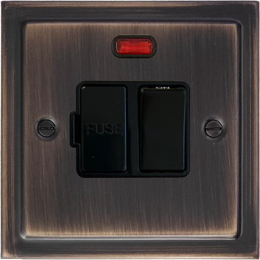 Victorian Antique Copper Switched Fuse Spur with Neon (Black Switch)