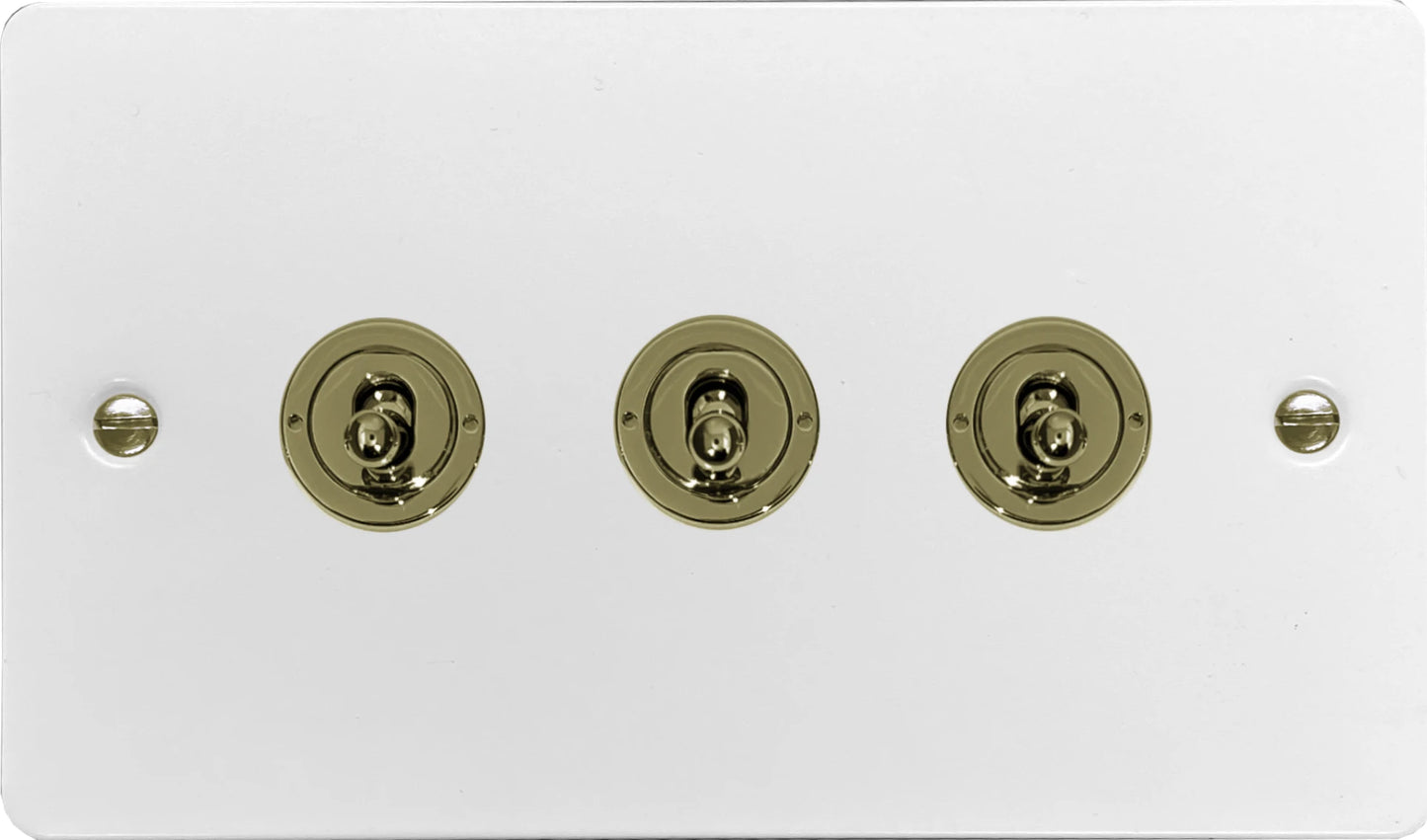 Flat White 3 Gang Toggle (Polished Brass Toggle)