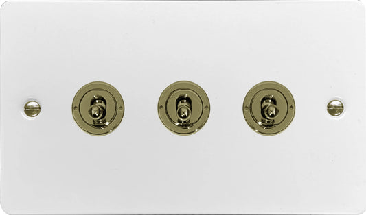 Flat White 3 Gang Toggle (Polished Brass Toggle)