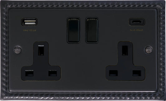 Georgian Flat Black  2 Gang Socket with USBC