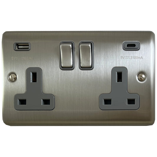 Basics Brushed Steel 2 Gang Socket with USBC - Basics range electrical socket