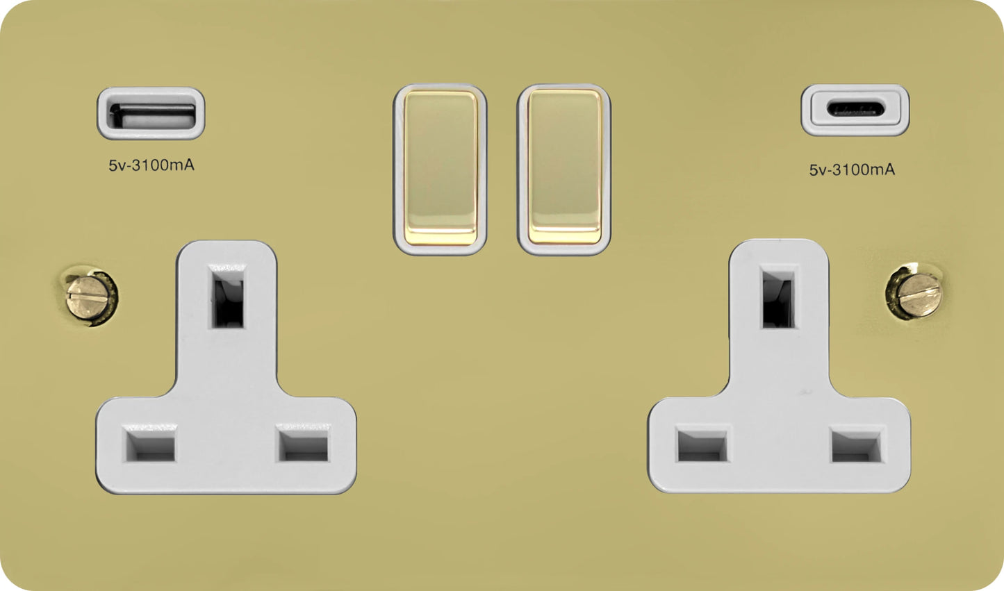 Flat Polished Brass 2 Gang Socket C/W USBC Ports