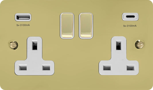 Flat Polished Brass 2 Gang Socket C/W USBC Ports