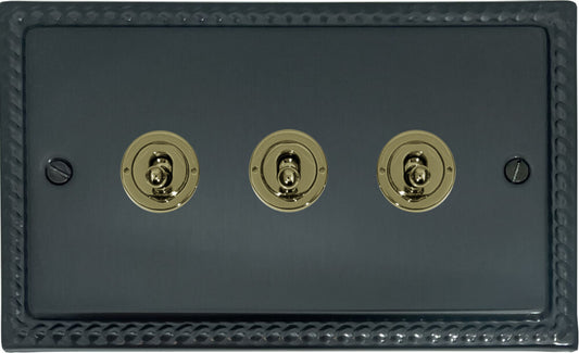 Georgian Black Bronze 3 Gang Toggle Switch (Polished Brass Toggles)