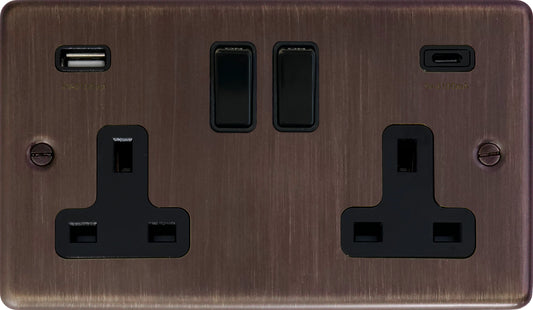 Contour  Antique Copper 2 Gang Socket with USBC