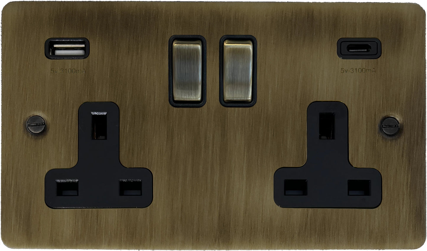 Flat Antique Brass 2 Gang USBC Socket (Brass Switches)