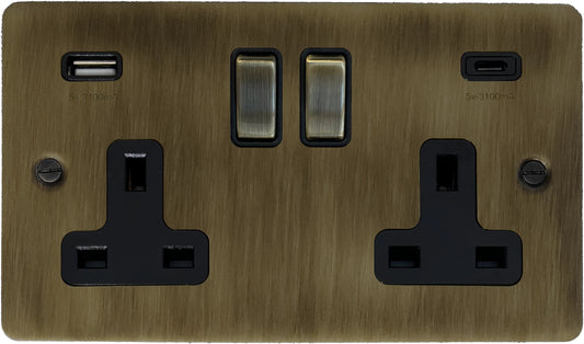 Flat Antique Brass 2 Gang USBC Socket (Brass Switches)