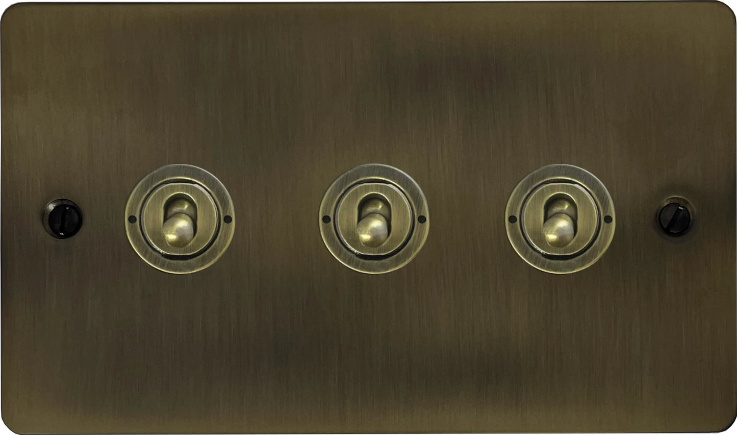 Flat Antique Brass 3 Gang Toggle Switch