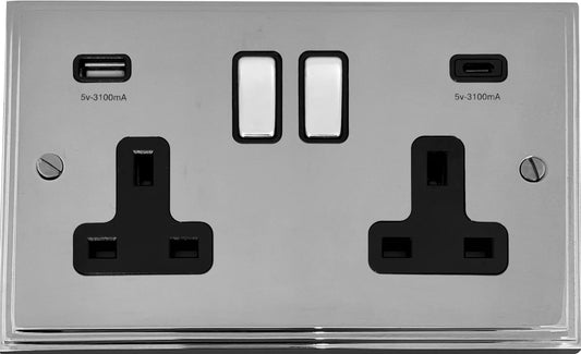 Victorian Polished Chrome  2 Gang Socket C/W USBC Ports