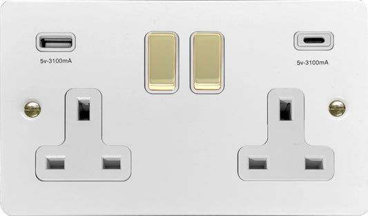 Flat White 2 Gang Socket C/W USBC Ports