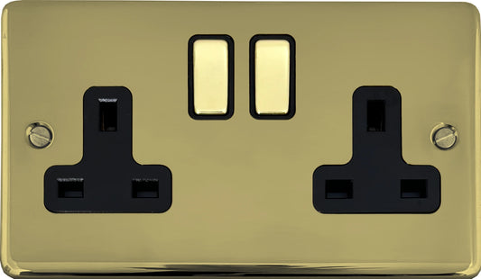 Contour Unlacquered Brass 2 Gang Socket (Black Insert) - Contour range electrical socket