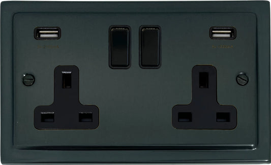 Victorian  Black Bronze  2 Gang Socket with USB - Victorian Cast range electrical socket