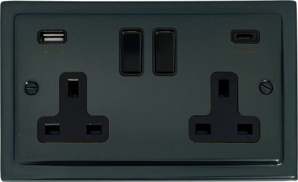 Victorian  Black Bronze  2 Gang Socket with USBC