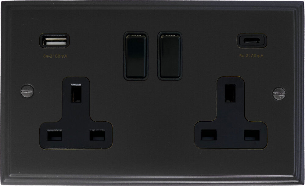 Victorian  Flat Black  2 Gang Socket with USBC