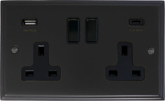 Victorian  Flat Black  2 Gang Socket with USBC