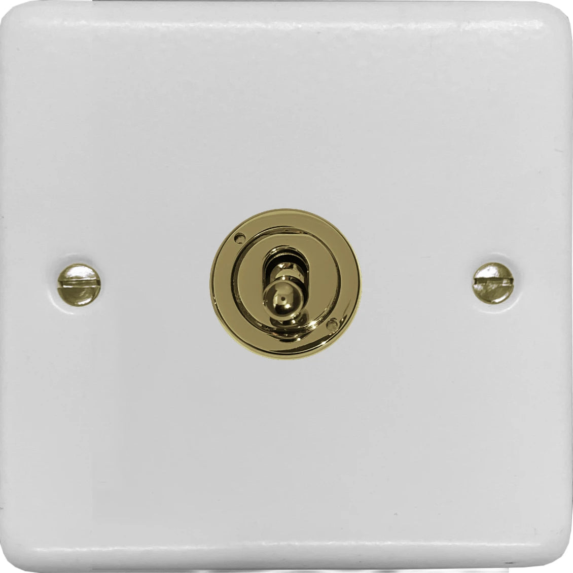 Contour Flat White 1 Gang Toggle (Polished Brass Toggle)