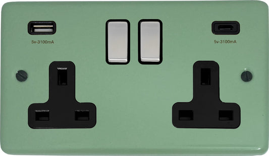 Classic Sage Green 2 Gang Socket With USBC (Satin Chrome Switch/Black Insert)