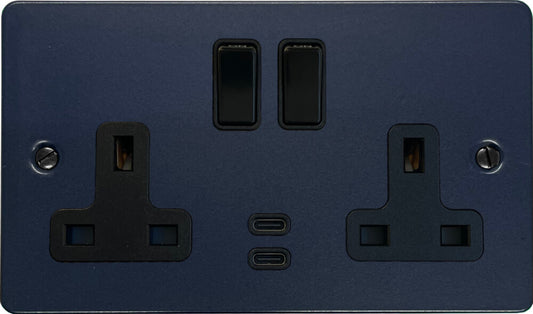 Flat Blue 2 Gang Socket with USBC (Black Switches)