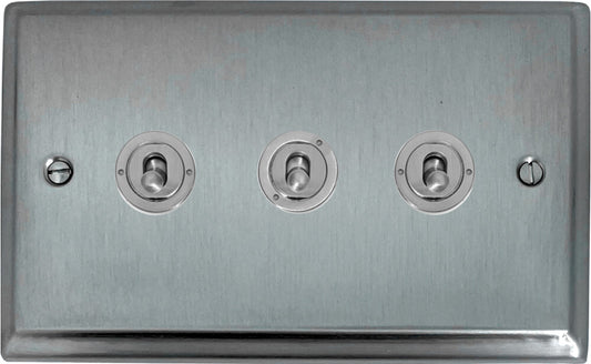Deco Satin Chrome 3 Gang 2 Way Toggle (Brushed Steel Toggle)