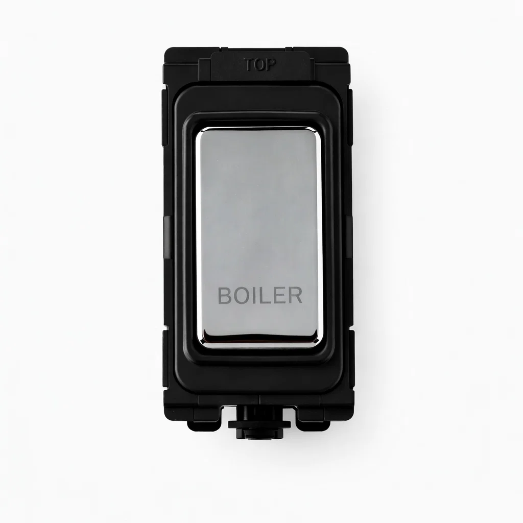 20A Engraved DP Switch - Boiler - Black and Polished Chrome Switch