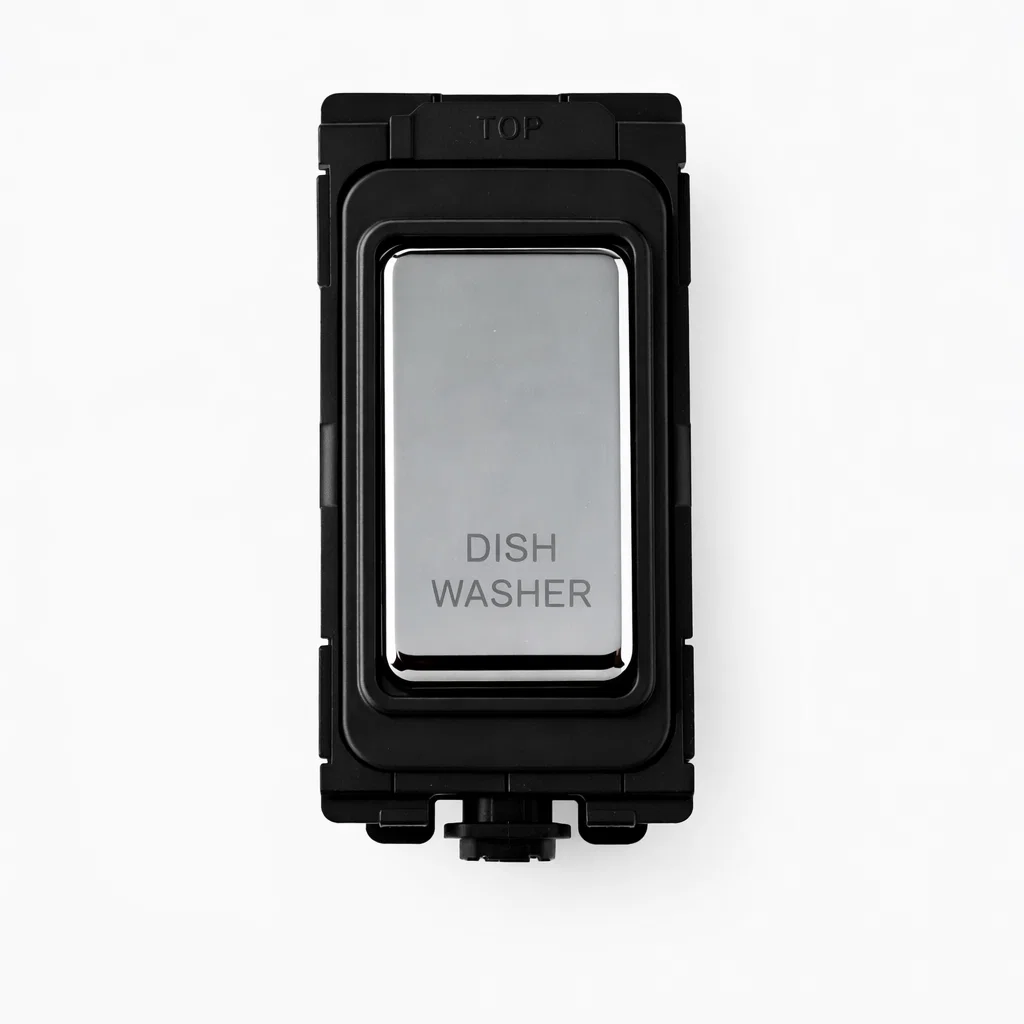 20A DP Switch - Engraved - Dishwasher - Black and Polished Chrome Switch