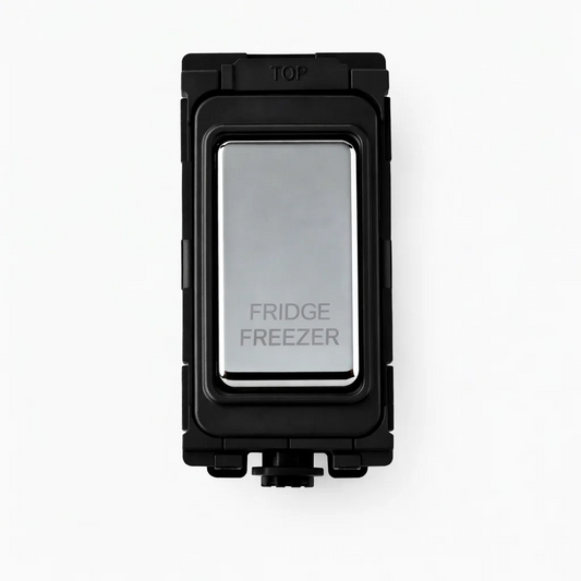 20A DPole Switch - Engraved with Fridge Freezer (White + Polished Chrome Switch)