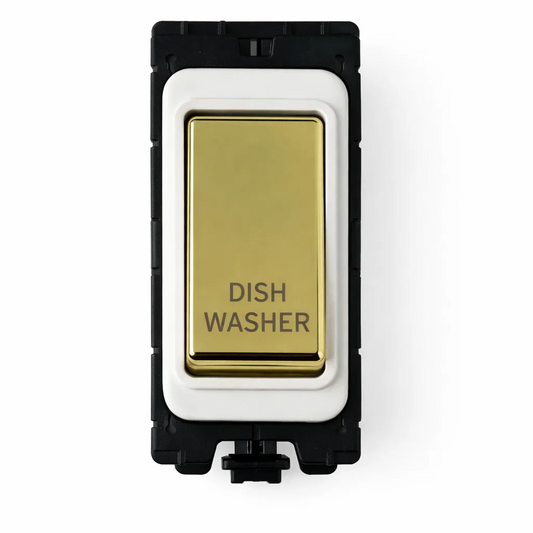 20A DP Switch - Engraved with - Dishwasher - White and Polished Brass Switch