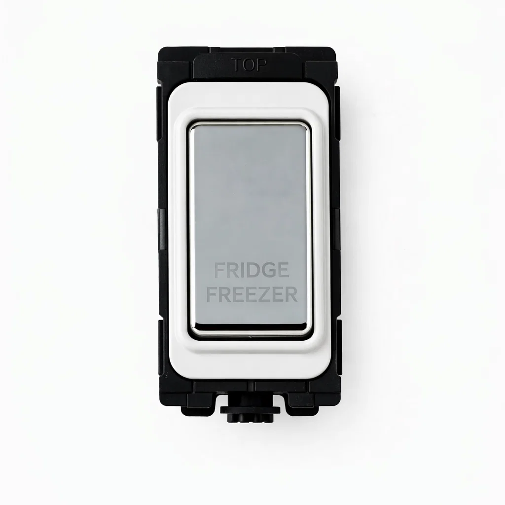 20A DP Switch - Engraved - Fridge Freezer - Black and Polished Chrome Switch