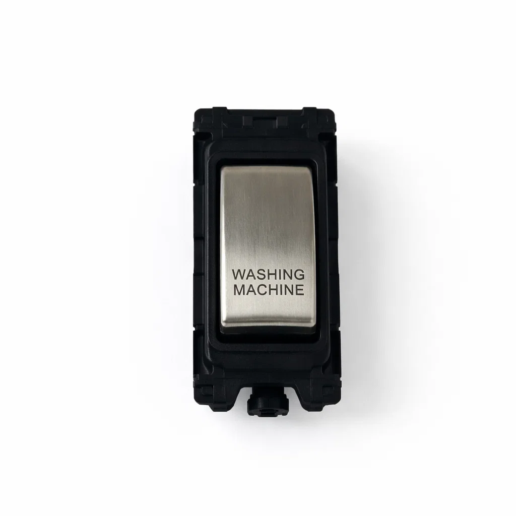20A DP Switch - Engraved - Washing Machine - Black and Satin Chrome Switch