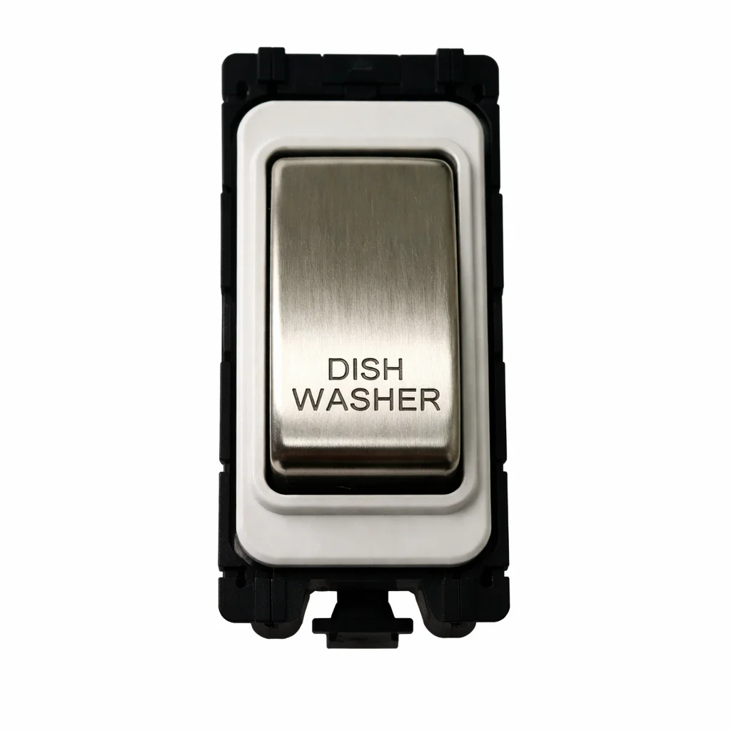 20A DP Switch - Engraved with - Dishwasher - White and Satin Chrome Switch