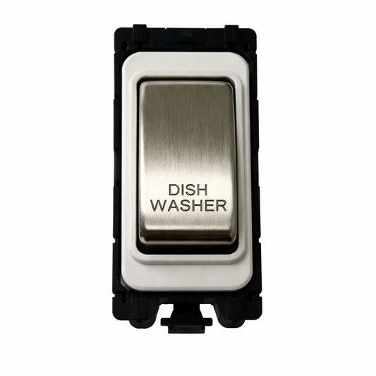20A DP Switch - Engraved with - Dishwasher - White and Satin Chrome Switch