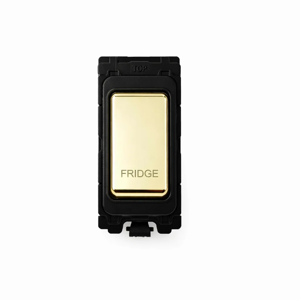 20A DP Switch - Engraved - Fridge - Black and Polished Brass Switch
