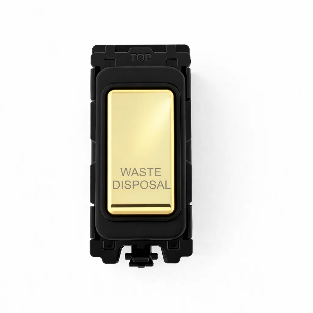 20A DP Switch - Engraved - Waste Disposal - Black and Polished Brass Switch