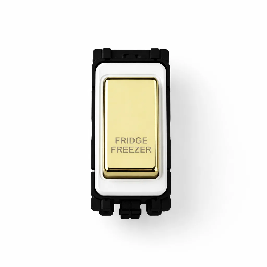 20A DP Switch - Engraved with - Fridge Freezer - White and Polished Brass Switch