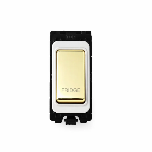 20A DP Switch - Engraved with - Fridge - White and Polished Brass Switch