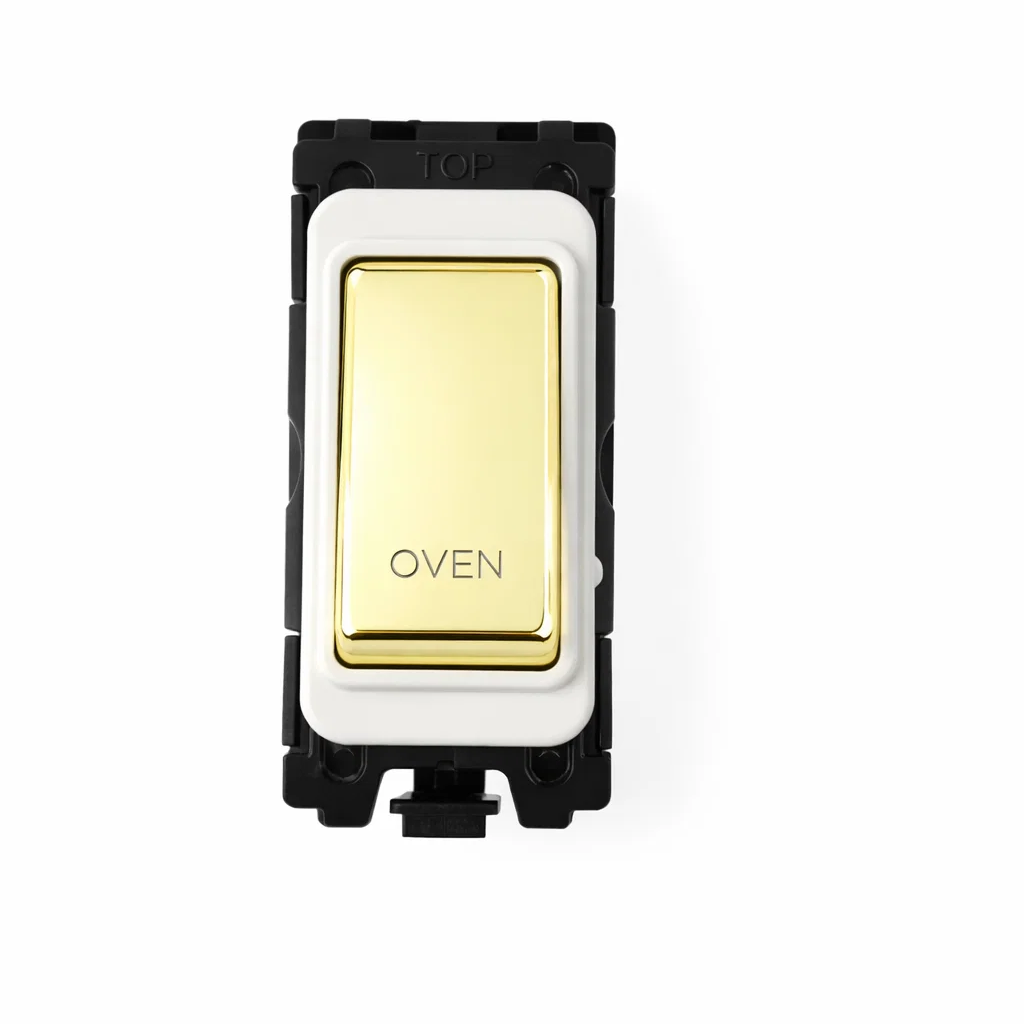 20A DP Switch - Engraved with - Oven - White and Polished Brass Switch