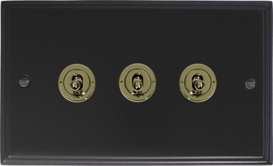 Victorian Flat Black 3 Gang Toggle (Polished Brass Toggle)