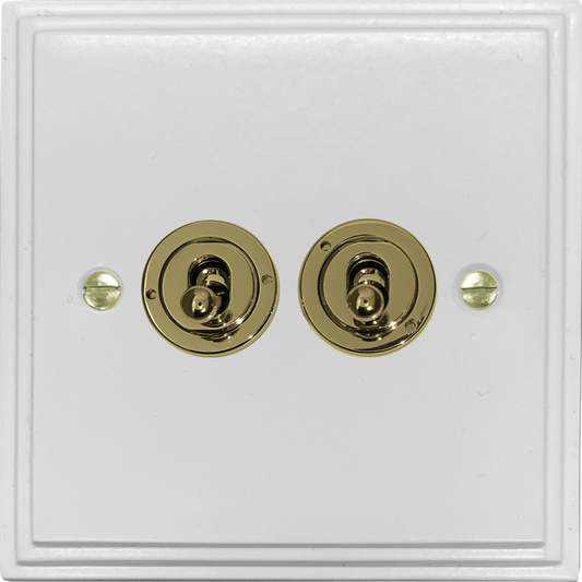 Victorian Flat White 2 Gang Toggle Switch (Polished Brass Toggle)