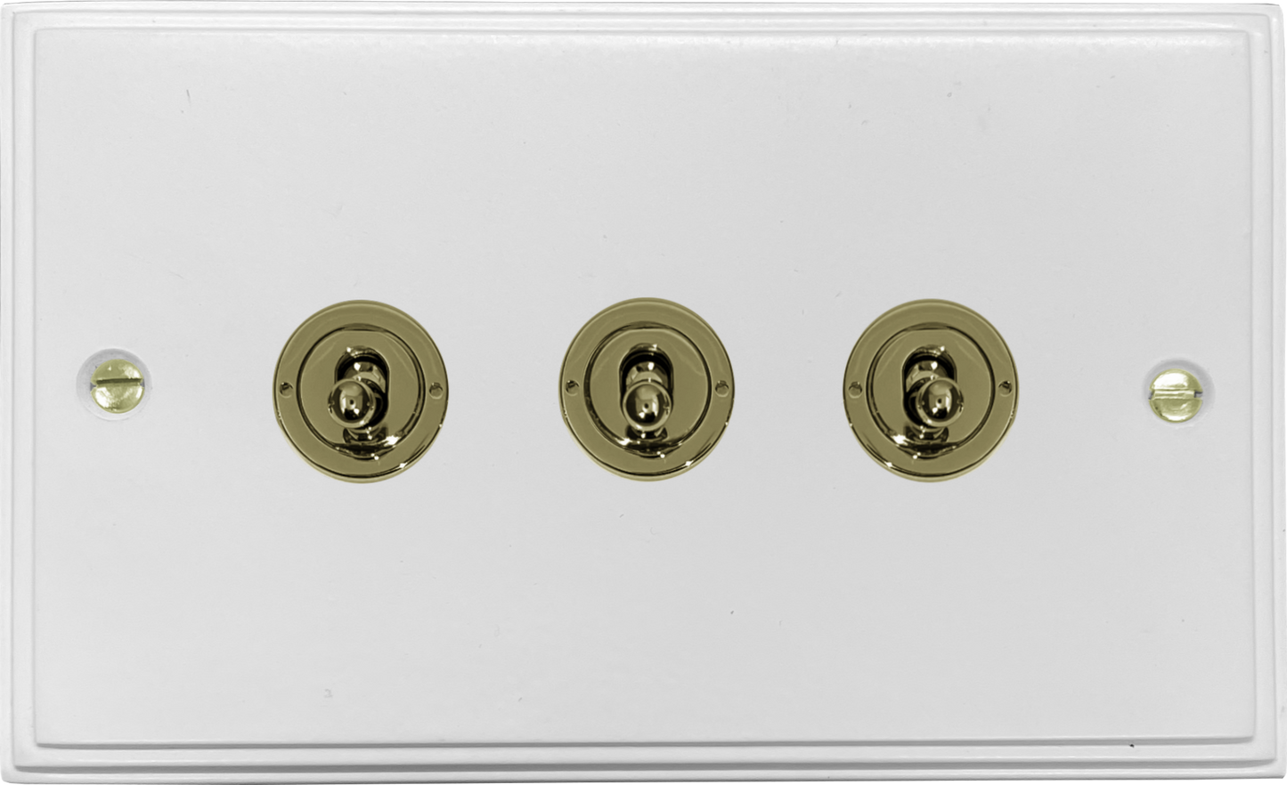 Victorian Flat White 3 Gang Toggle Grid Switch (Polished Brass Toggle)