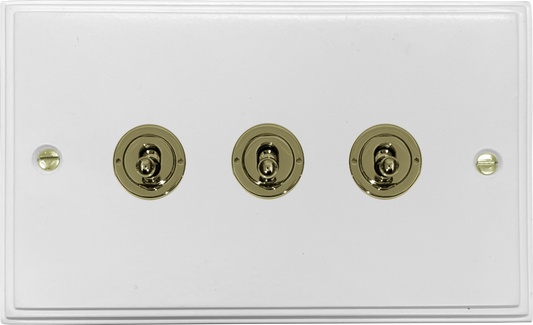 Victorian Flat White 3 Gang Toggle Grid Switch (Polished Brass Toggle)