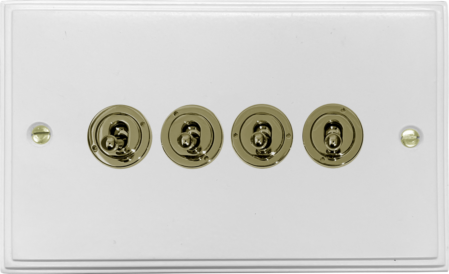Victorian Flat White 4 Gang Toggle Switch ( Polished Brass Toggle)