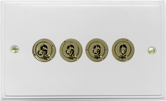 Victorian Flat White 4 Gang Toggle Switch ( Polished Brass Toggle)