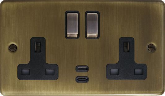 Contour Antique Brass 2 Gang Socket with USBC (Brass Switches)