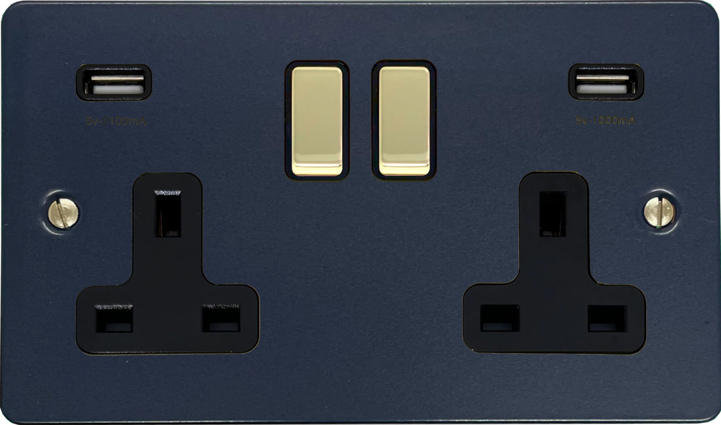 Flat Blue 2 Gang Socket with USB (Polished Brass Switches/Black Inserts)